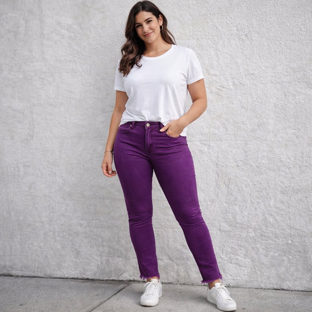 ZARA Purple Skinny Jeans Raw Hem High Rise Size 4 EU 36 Magenta Denim